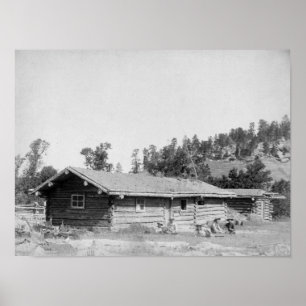 Mannen buiten Log Cabin in South Dakota Poster