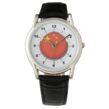 Mannen China Vlag Kroon Zwart Lederen Riem Horloge