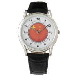 Mannen China Vlag Kroon Zwart Lederen Riem Horloge