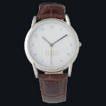 Mannen Classic bruine lederen band monogram horlog Horloge<br><div class="desc">Aangepast, gepersonaliseerd, mannen classic brown lederen band, zilver legering hoesje, polshorloge. Typ gewoon de initialen in. Ga je gang creëer een prachtig, aangepaste horloge voor de speciale mannen in je leven - vader, bruidegom, man, broer, opa, vriend. Maakt een geweldig cadeau op maat voor vaderdag, verjaardag, bruiloft, huwelijksverjaardag, kerst, feestdagen...</div>