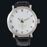 Mannen Classic  Look Monogram Initialen Horloge<br><div class="desc">Aangepast, gepersonaliseerd, mannen classic look zwart lederen band, gelegeerd hoesje, polshorloge. Een uurwerk dat nooit uit de mode zal raken. Typ gewoon de initialen in. Ga je gang creëer een prachtig, aangepaste horloge voor de speciale mannen in je leven - vader, bruidegom, man, broer, opa, vriend. Maakt een geweldig cadeau...</div>