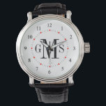 Mannen Classy Personalized Monogram Watch Horloge<br><div class="desc">Elegante en stijlvolle, strakke en eenvoudige op maat gemaakte monogrammed horloges voor het speciale man op uw cadeaulijst. Klassiek gemakkelijk te lezen nummers met grijze hashmarks en rode stippen op een wit gezicht. Vet en geavanceerd voor traditionele stijlheren — klik op Aanpassen om de achtergrondkleur, lettergroottes, stijl of kleuren te...</div>