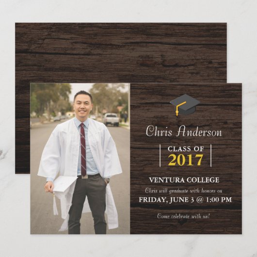 Mannen College Graduation Wood uitnodiging (Voorkant / Achterkant)