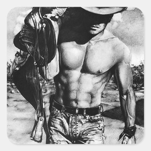 Mannen Cool Sexy Masculine Westerne Cowboy Cute Hu Vierkante Sticker (Voorkant)