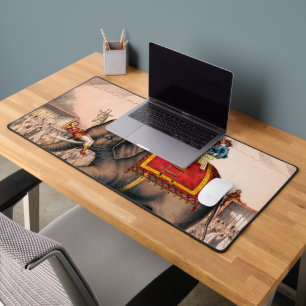 Mannen die een circusact uitvoeren met een olifant bureaumat