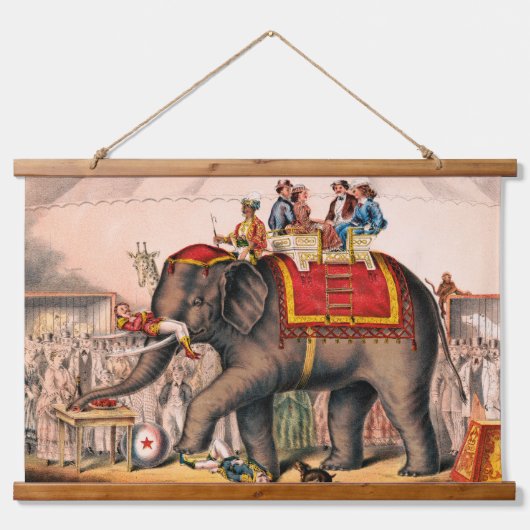 Mannen die een circusact uitvoeren met een olifant hangend wandkleed (Voorkant)