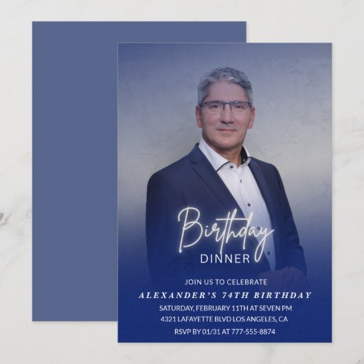 Mannen Diner Foto Navy blauw 74e verjaardag Kaart (Voorkant / Achterkant)