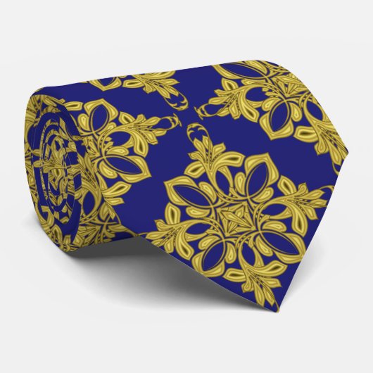 Mannen Donkerblauw en Faux Gold Pattern Stropdas (Opgerold)
