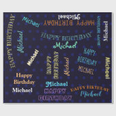 Mannen donkerblauw Happy Birthday Name Aangepast Cadeaupapier (Vlak)