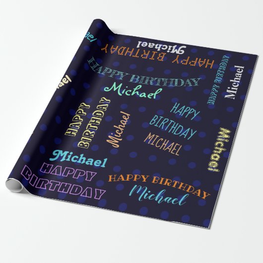 Mannen donkerblauw Happy Birthday Name Aangepast Cadeaupapier (Uitgerold)