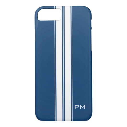 Mannen donkerblauwe witte racestrips Initialen Case-Mate iPhone Case (Achterkant)