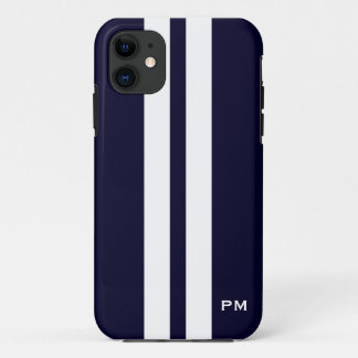 Mannen donkerblauwe witte racestrips Initialen Case-Mate iPhone Case
