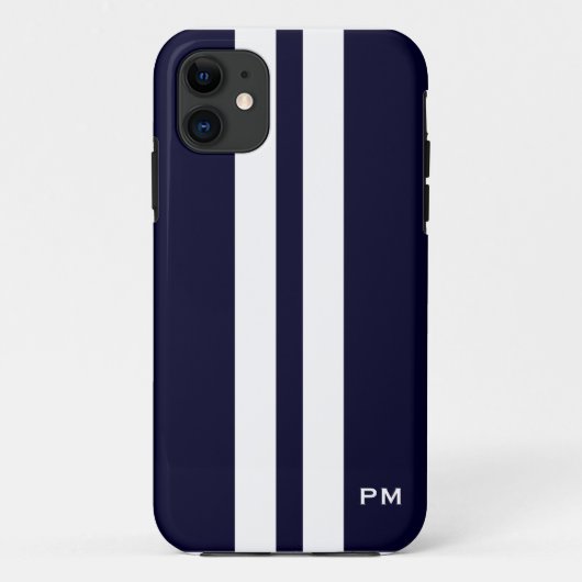 Mannen donkerblauwe witte racestrips Initialen Case-Mate iPhone Case (Achterkant)