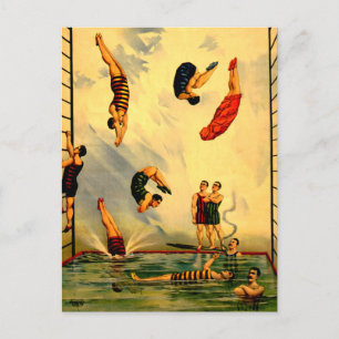 Mannen duiken in de pool Vintage 1898 Circus Poste Briefkaart