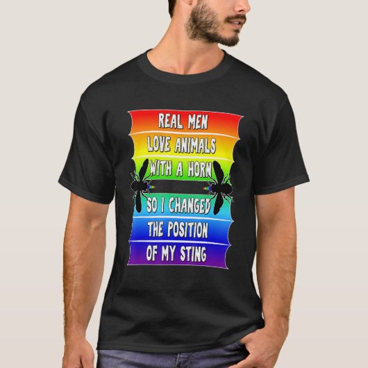Mannen echte Mannen Pride LGBTQ bijen Funny Gay Ra T-shirt (Voorkant)