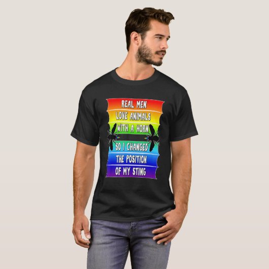 Mannen echte Mannen Pride LGBTQ bijen Funny Gay Ra T-shirt (Voorkant volledig)