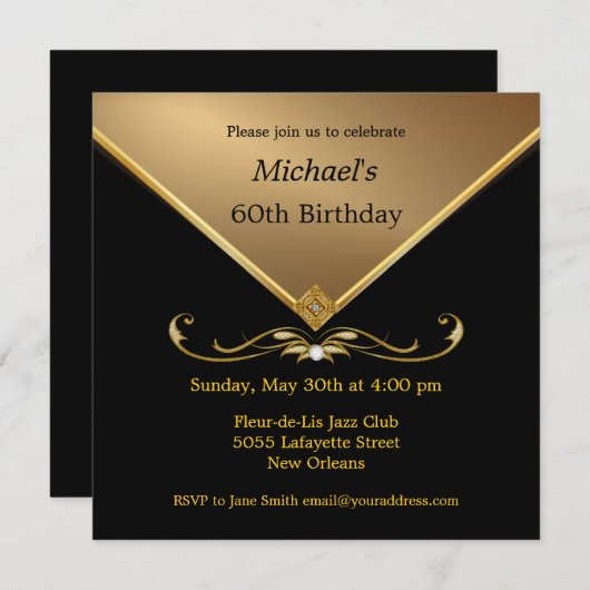 Mannen Elegant Gold Black 60e Brithday-uitnodiging Kaart (Voorkant / Achterkant)