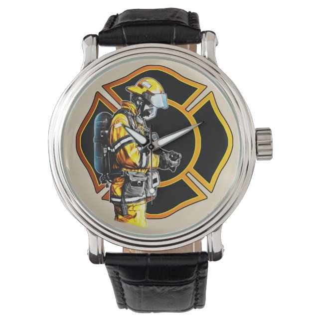 Mannen Firefighter Horloge in Full Gear met Maltee (Voorkant)