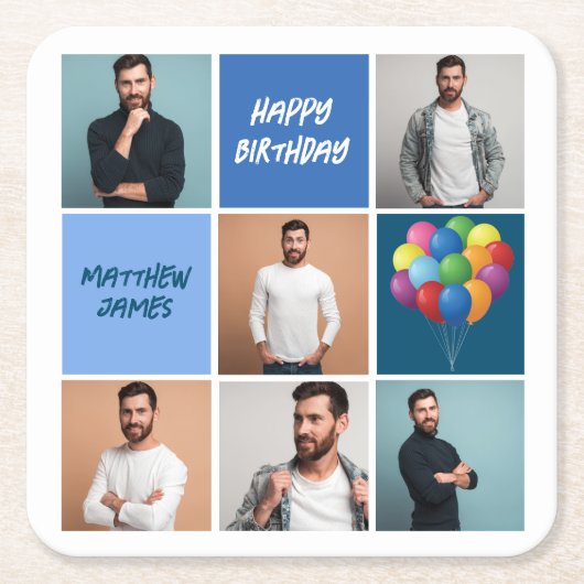 Mannen fotocollage aangepaste blauw verjaardagsfee kartonnen onderzetters (Voorkant)