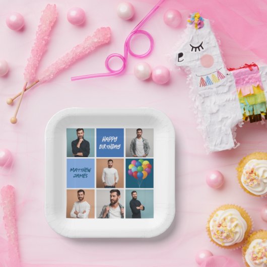 Mannen fotocollage aangepaste blauw verjaardagsfee papieren bordje (Feest)