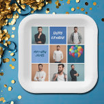 Mannen fotocollage aangepaste blauw verjaardagsfee papieren bordje<br><div class="desc">Cool custom verjaardagsfeestje papieren borden met een 6 foto template collage van een man en zijn naam op de blauwe vierkantjes naast leuke ballonnen. Schattigee gepersonaliseerde Happy Birthday decor voor een jongen of tiener.</div>