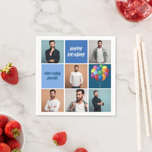 Mannen fotocollage aangepaste blauw verjaardagsfee servet (Insitu)