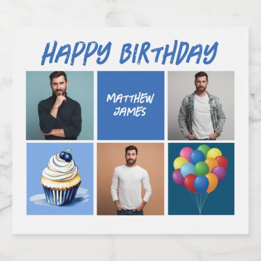 Mannen fotocollage aangepaste blauw verjaardagsfee sparkling wijnetiket (Enkel label)