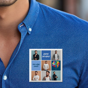 Mannen fotocollage aangepaste blauw verjaardagsfee vierkante button 5,1 cm