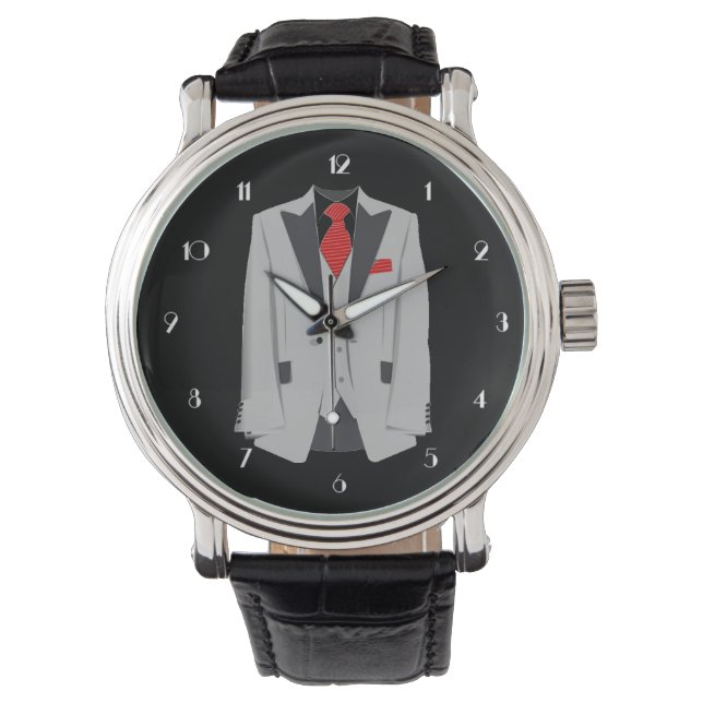 Mannen Gray Suit en Red Stropdas Wrist Watch Horloge (Voorkant)