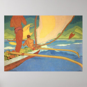 MANNEN IN EEN OUTRIGGER KANO OP WEG NAAR DE KUST POSTER