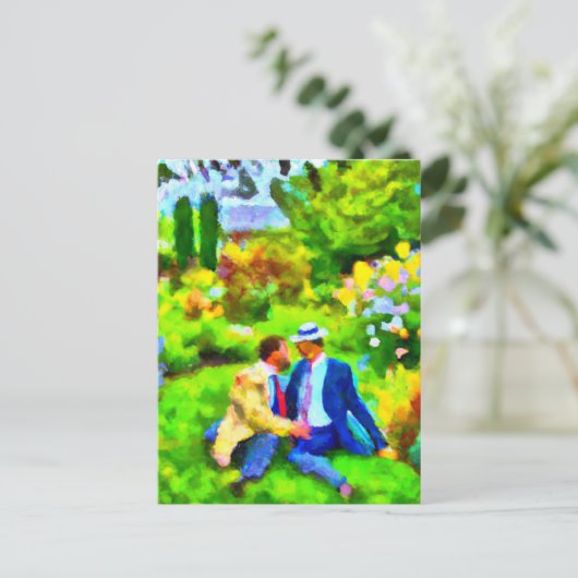 Mannen in liefde in de tuin briefkaart (Staand voorkant)