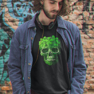 Mannen Irish Shamrock Clover Skull Green & Black T-shirt