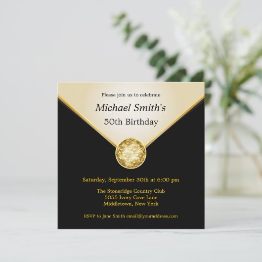 Mannen Ivory Black Gold Elegant Birthday Invitatio Kaart (Staand voorkant)