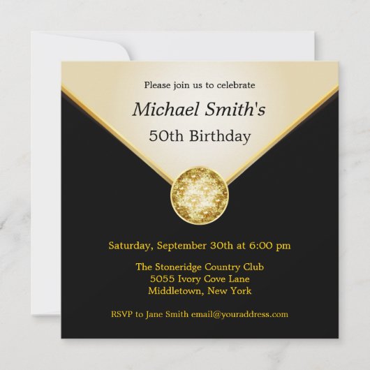Mannen Ivory Black Gold Elegant Birthday Invitatio Kaart (Voorkant)