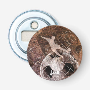 mannen jongens voetbalspeler schoppen bal button flesopener