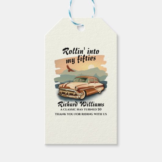 Mannen klassieke auto woestijn zonsondergang 50ste cadeaulabel (Voorkant)