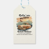 Mannen klassieke auto woestijn zonsondergang 50ste cadeaulabel (Achterkant)