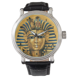 Mannen Koning Tut Egyptische zwarte leder Horloge