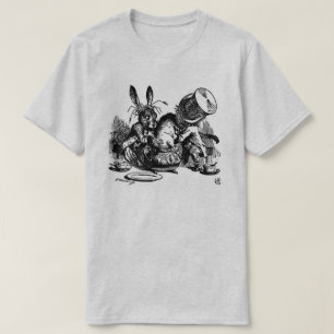 Mannen Mad Hatter Dormouse in Teapot B&W T-shirt