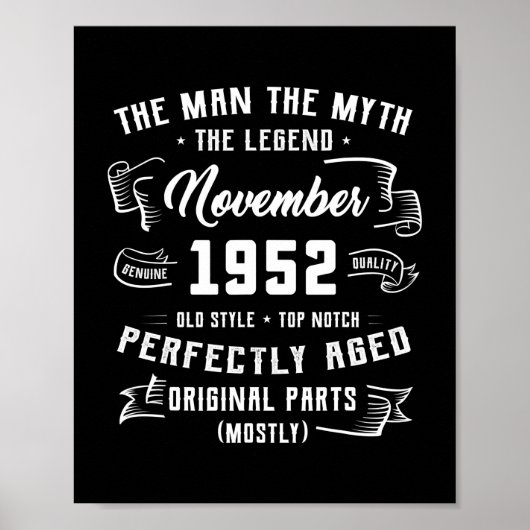Mannen Man Myth Legend november 1952 70th Birthday Poster (Voorkant)