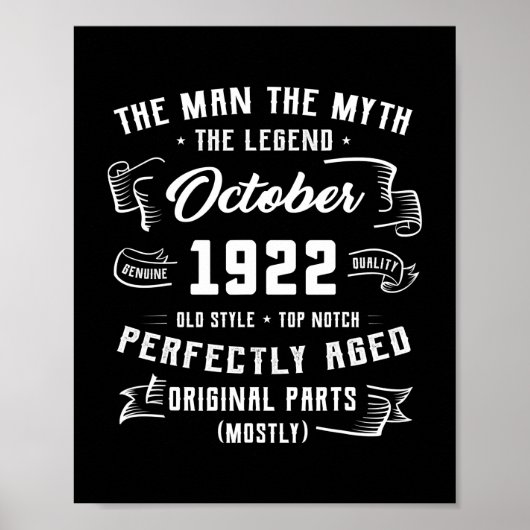 Mannen Man Myth Legend oktober 1922 100th Birthday Poster (Voorkant)