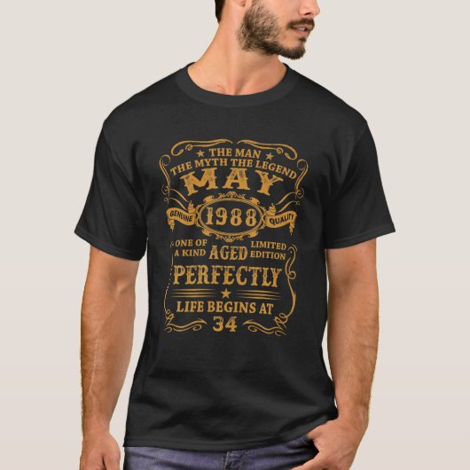 Mannen mei 1988 De Man Myth Legend 34-jarige jonge T-shirt (Voorkant)