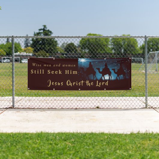 Mannen met kerstbanners en vrouwen die hem zoeken spandoek (Insitu)