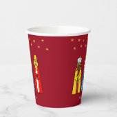 Mannen met kerstmis en gouden sterren op rood papieren bekers (Links)