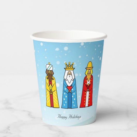 Mannen met kerstmis op lichte blauw papier papieren bekers (Achterkant)