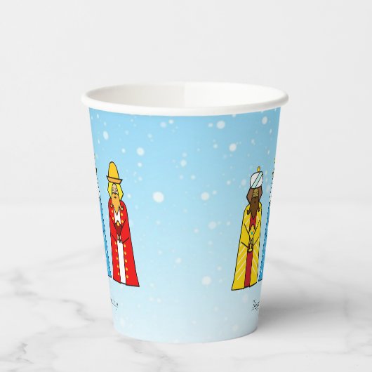 Mannen met kerstmis op lichte blauw papier papieren bekers (Links)