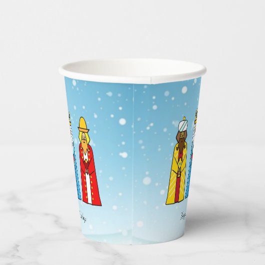 Mannen met kerstmis op lichte blauw papier papieren bekers (Rechts)