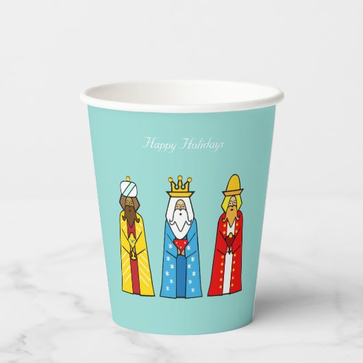 Mannen met kerstmis op lichte blauw papier papieren bekers (Achterkant)