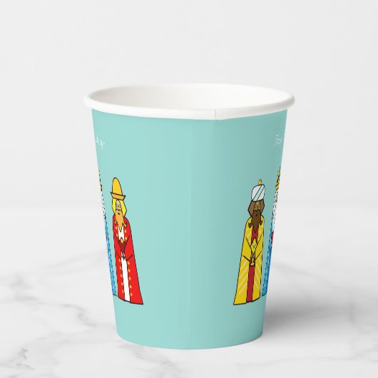 Mannen met kerstmis op lichte blauw papier papieren bekers (Rechts)