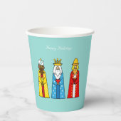 Mannen met kerstmis op lichte blauw papier papieren bekers (Voorkant)